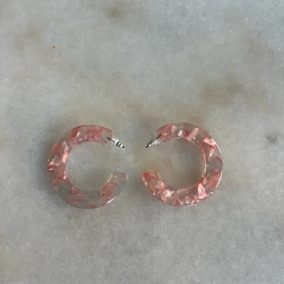 Hoop Earrings Marbled Pink Acrylic Modern Contemporary Design - Picture 2 of 4